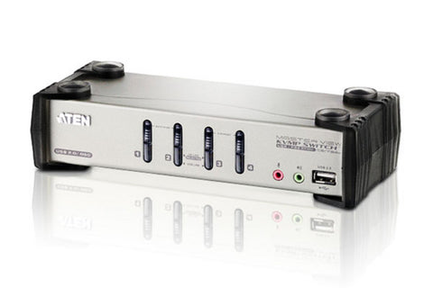 Aten CS1734B 4-port USB KVMP. USB2.0 hub, 2x1.2m and 2x1.8m USB KVM cable. Audio enabled. OSD. (Hot key & push button)