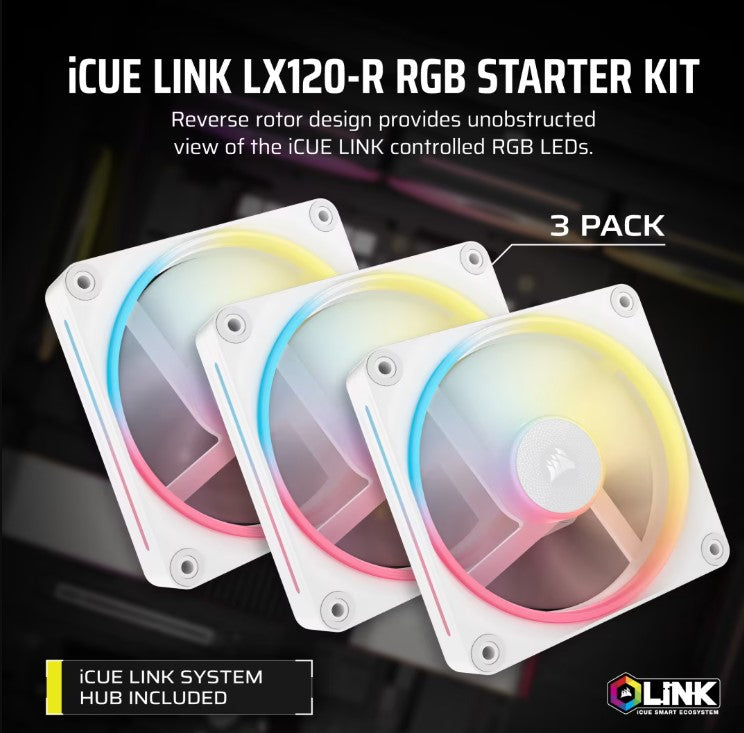 CORSAIR iCUE LINK LX120-R RGB 120mm PWM Reverse Fans Starter Kit - Whi ...