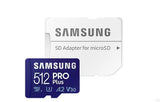 Samsung PRO Plus MicroSDXC UHS-I, U3, V30, A2 Card w/Adapter, Read up to 160MB/s Write up to 120MB/s - 512GB