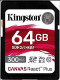 Kingston CANVAS REACT PLUS SD 32GB / 64GB / 128GB / 256GB Class 10, UHS-II, U3, V90 300/260MB/s
