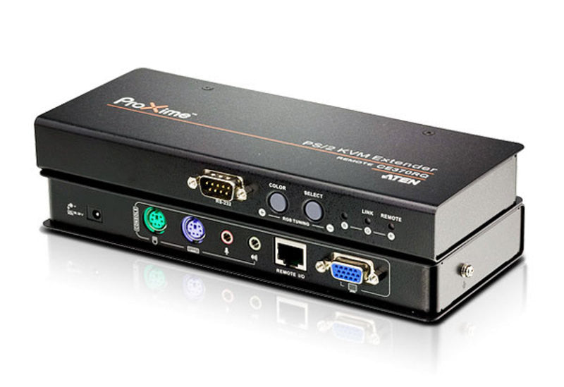 Aten CE370 PS/2 KVM Extender. Audio enabled. RS232 enabled. VGA gain control. Deskew. OSD.1920 x 1200 @ 60Hz (150 m); 1280 x 1024 @ 60Hz (300m)