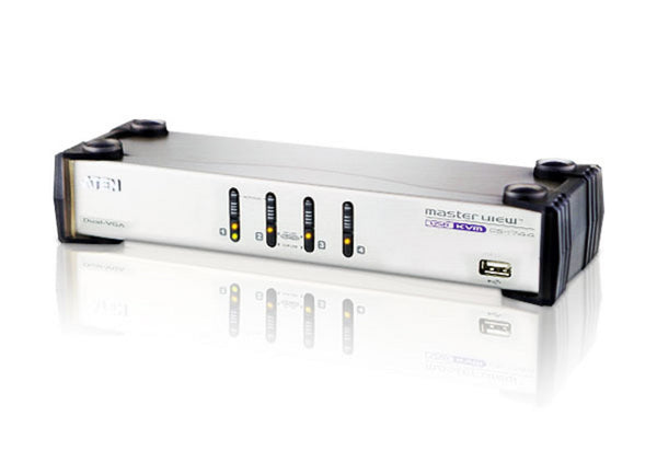 Aten CS1744 4-port USB Dual-View KVMP, 2x1.2m and 2x1.8m USB KVM cable. Audio enabled. USB hub. (Hot key & push button)