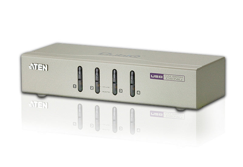 Aten CS74U 4-port USB KVM with 2x1.2m and 2x1.8m USB KVM cable. Audio enabled. (Push button only)