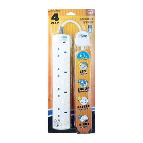 DE 284 LED 4 Way Socket Strip With Surge 6M