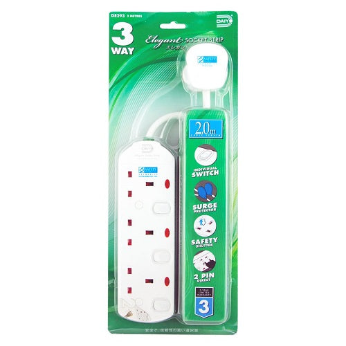 DE 293 3 Way Elegant Socket Strip With Surge Protector 2 Meter