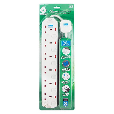 DE 296 6 Way Elegant Socket Strip With Surge Protector 2 Meter