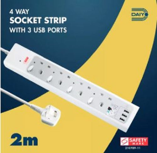 Daiyo DE298-2M 4-Way Surge Protector Extension Socket Strip w/Switch & 3*USB Ports