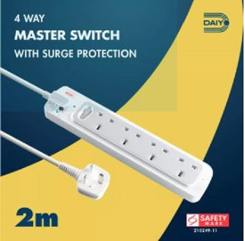 Daiyo DE364-2M 4-Way Master Switch Surge Protector Extension Socket Strip w/2 Metre Cord
