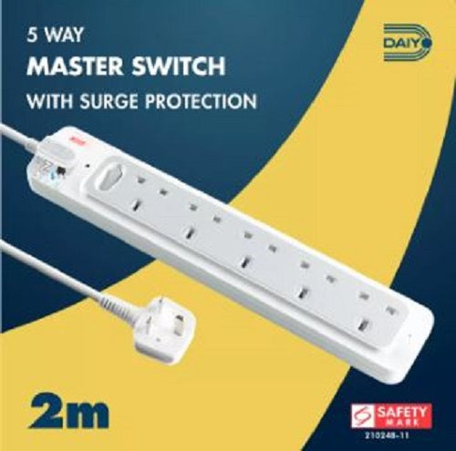 Daiyo DE365-2M 5-Way Master Switch Surge Protector Extension Socket Strip w/2 Metre Cord