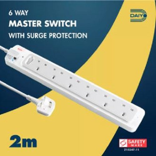 Daiyo DE366-2M 6-Way Master Switch Surge Protector Extension Socket Strip w/2 Metre Cord