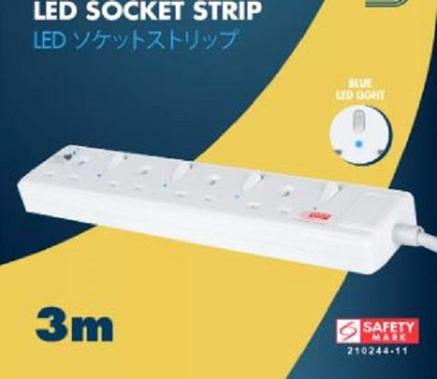 Daiyo DE384-3M 4-Way LED Surge Protector Power Extension Socket Strip w/3 Metre Cord