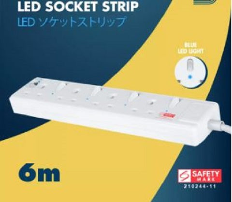 Daiyo DE384-6M 4-Way LED Surge Protector Power Extension Socket Strip w/6 Metre Cord