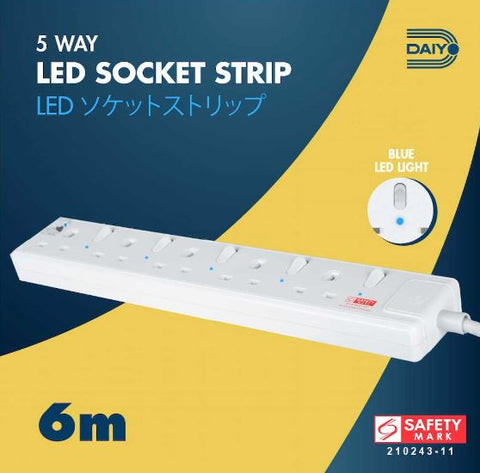 Daiyo DE385-3M 5-Way LED Surge Protector Power Extension Socket Strip w/3 Meter Cord