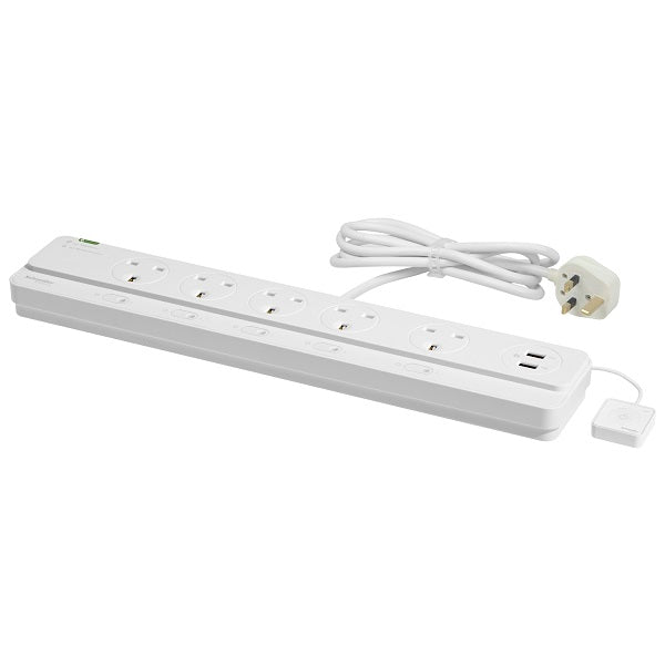 Powex 5 Gangs Switched Extension Socket with Surge Protection, LED, 2*USB & Wired Control - White