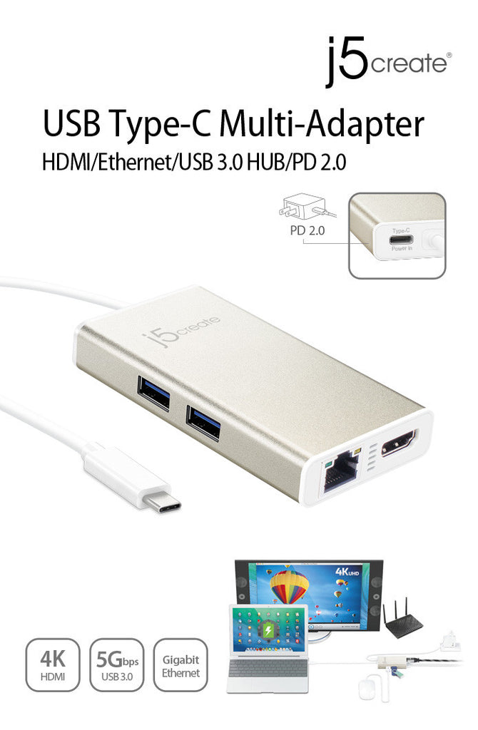 J5CREATE USB Type-C Multi-Adapter HDMI & Gigabit Ethernet & USB3.0