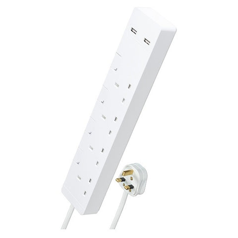 Schneider TSH34U AvatarOn 4 Way 2 Metre Trailing Socket | Individual Switch | 2*USB | White