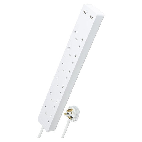 TSH36U AvatarOn 6 Way 2 Metre Trailing Socket | Individual Switch | 2*USB | White