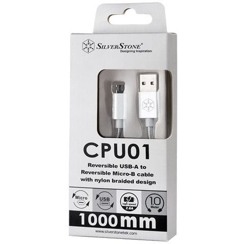 Silverstone USB 2.0 Reversible USB-A x 1, Reversible Micro-B x 1 (1 Meter) (Silver) Nylon braided Cable