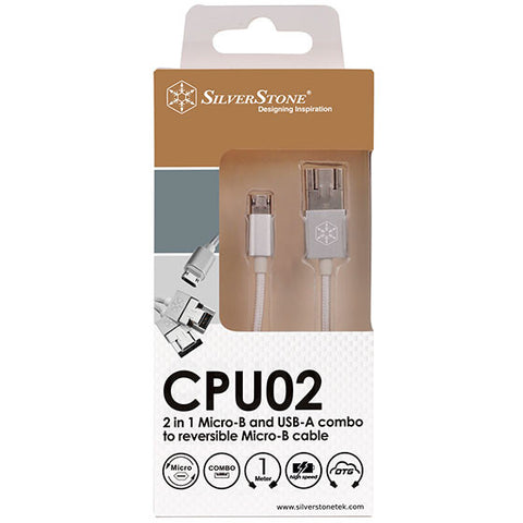 Silverstone USB 2.0 Micro-B combo USB-A x 1 Reversible Micro-B x 1 (1 Meter) (Silver) Nylon braided Cable